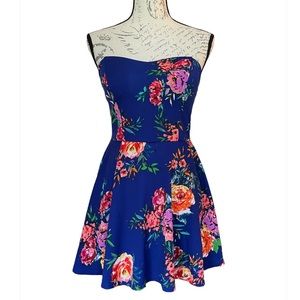 Bailey Blue Romper Floral Blue Strapless Sweetheart Neckline A-Line Skater Dress